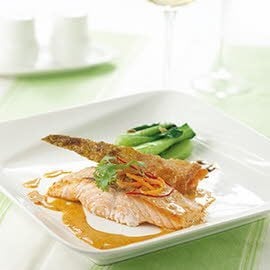 Panfried Salmon Crispy Skin, Stirfried Baby Bokchoy and Curry Mayo Panfried Salmon Crispy Skin, Stirfried Baby Bokchoy and Curry Mayo