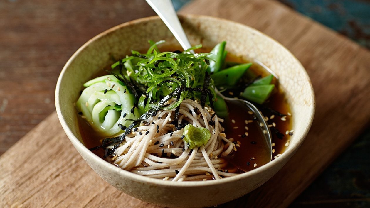 Poached Beef Tenderloin with Green Tea Noodles and Seaweed Salad – - Recipe