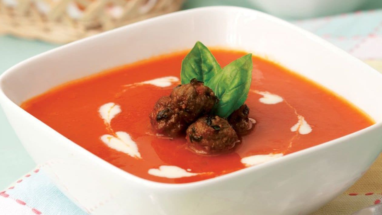 Tomato Soup with Meat Ball and Basil Leaf