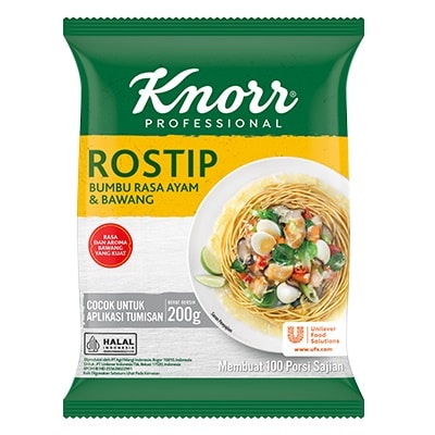 Knorr Bumbu Pelezat Rasa Ayam Rostip Pouch 200G - Knorr Rostip, chicken and garlic flavored seasoning. Creates a stir-fry dish with an enhanced fried-garlic aroma and a delicious touch of flavor.