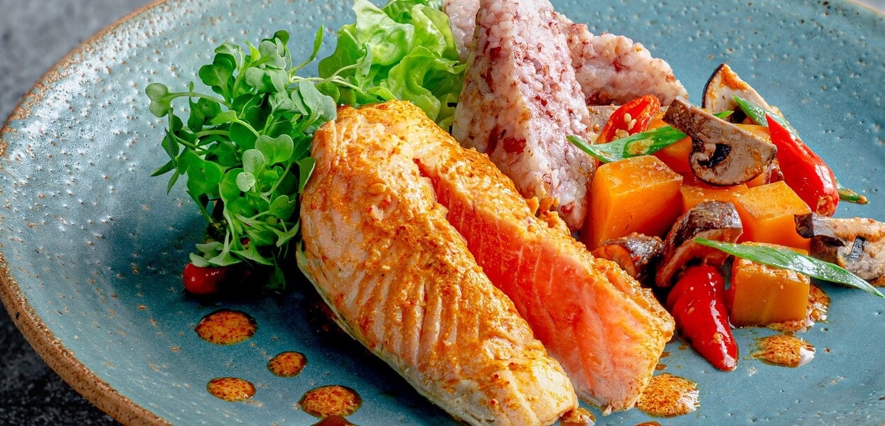 Poached Salmon with Red Rice Lontong – - Recipe