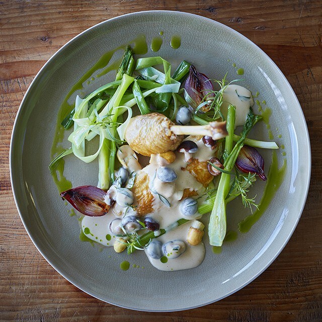 Chicken with Creamy Mushroom Sauce and Leek Oil