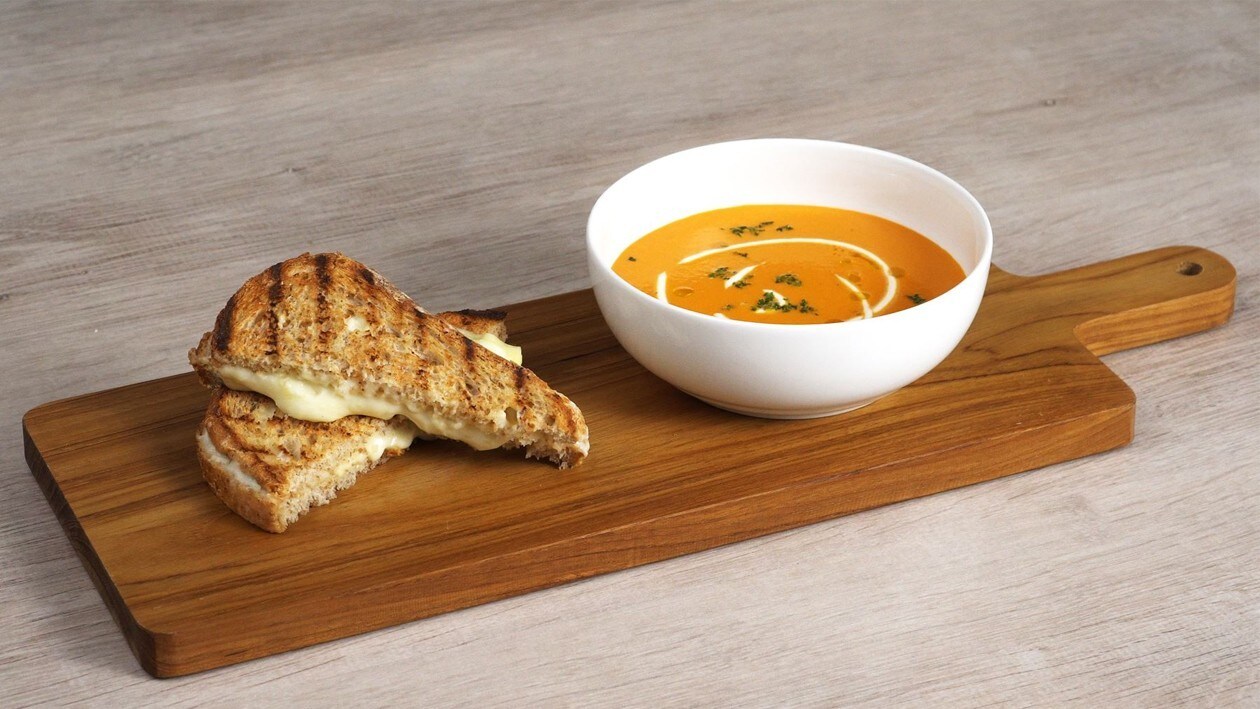 Grilled Four-Cheese Sandwich with Tomato-Ginger Soup