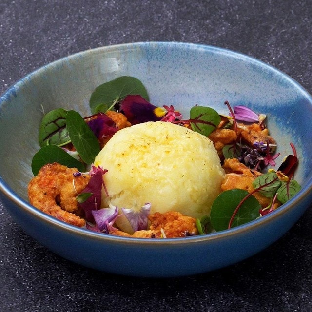 Mashed Potato Dome with Hot Laksa Lava and Salted Egg Prawn