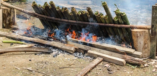 Deretan bambu di atas bara api untuk memasak papiong