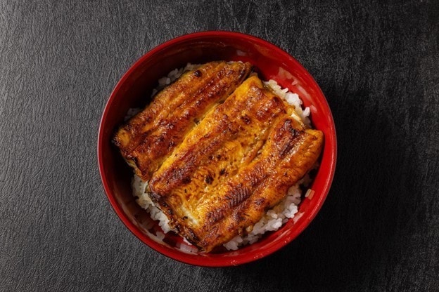 Nasi dalam mangkuk dengan belut yang di-grill. Nasi dalam mangkuk dengan belut yang di-grill.