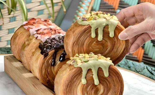 Seperti yang terlihat pada foto, ada variasi cromboloni yang merupakan perpaduan croissant dan bomboloni. 