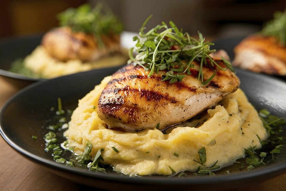 Dada ayam panggang ditata bersama mashed potato di atas piring saji hitam.  