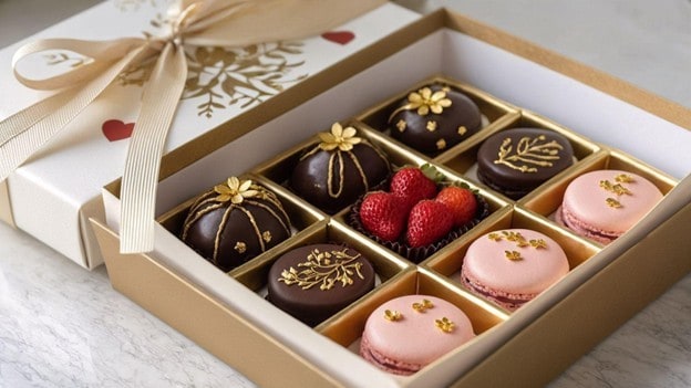 Seperti yang terlihat pada gambar, ada packaging makanan berbentuk kotak yang berisi cokelat dan macaroon dengan dekorasi emas