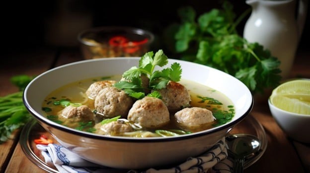 Seperti yang terlihat pada gambar, semangkuk bakso kuah dengan topping daun ketumbar