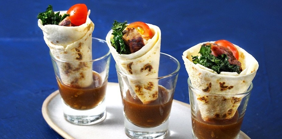 Taco Bistik Perut Sapi dengan Demi-Glace Saus Asam Jawa & Kinoa Kelapa