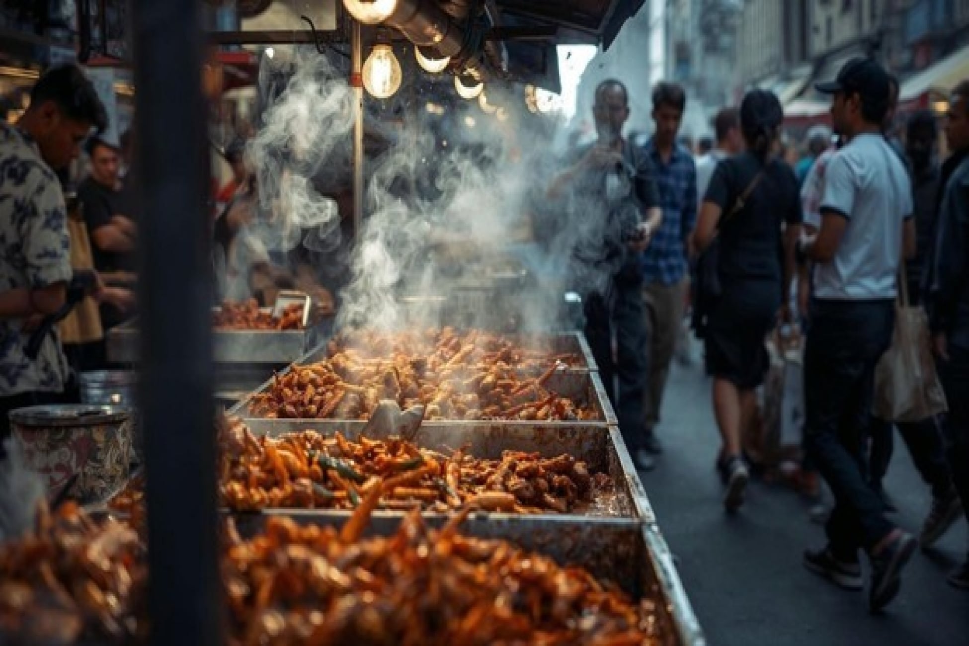 Gerobak street food menyajikan aneka gorengan dan sate yang mengepul di atas nampan logam, dengan kerumunan orang berjalan di jalanan kota saat senja.