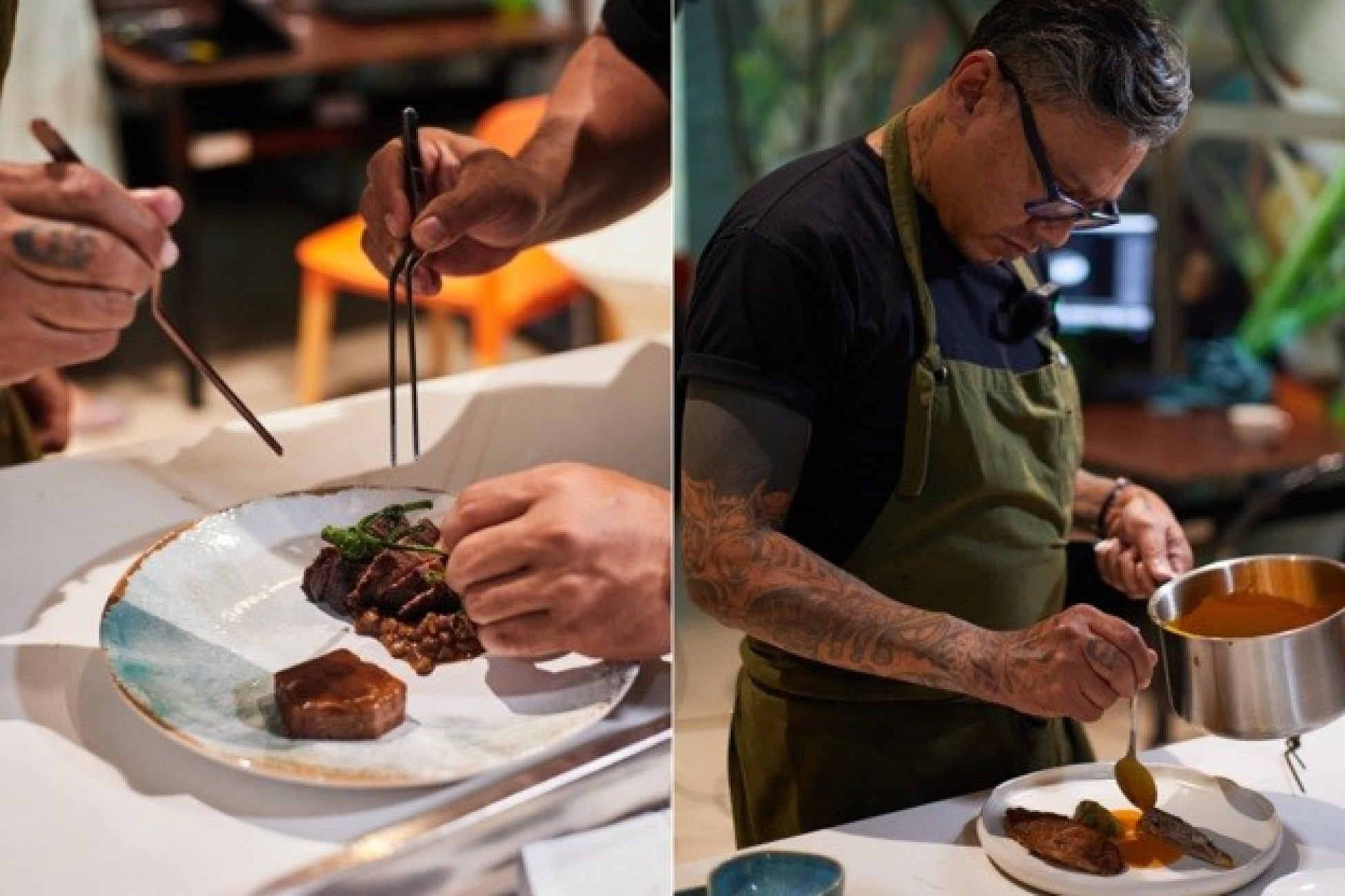 Chef Maxie Milian menata hidangan daging sapi dengan pinset dan menuangkan saus oranye ke atas piring berisi ikan panggang.